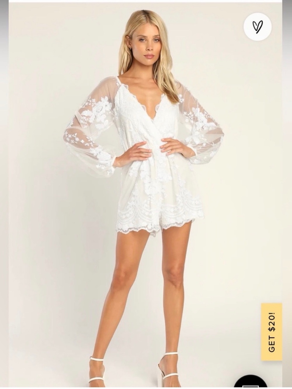 Lulu's White Lace Romper with Sheer Embroidered Sleeves
